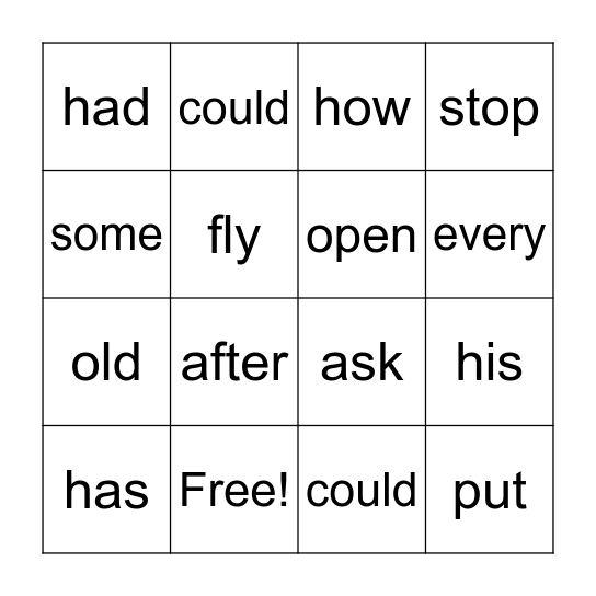 Sight Word Bingo Card