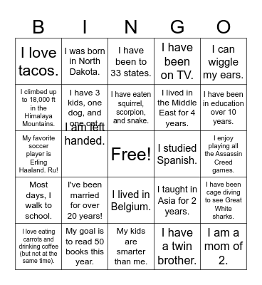 Get to know your teachers Bingo Card