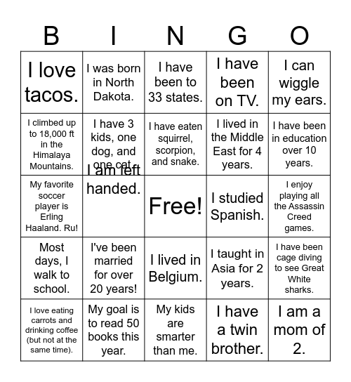 Get to know your teachers Bingo Card