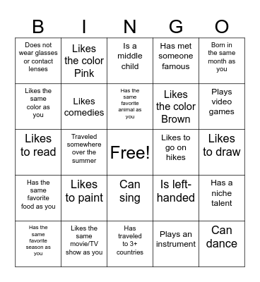 Orientation Bingo Card