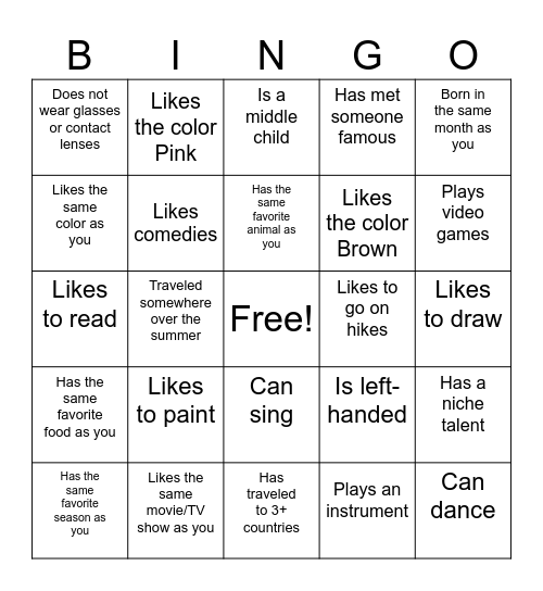 Orientation Bingo Card