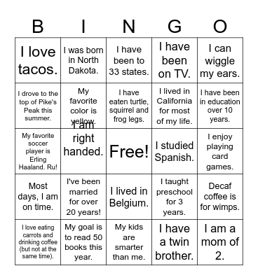 Get to know your teachers Bingo Card