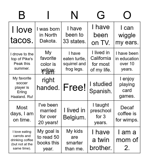 Get to know your teachers Bingo Card