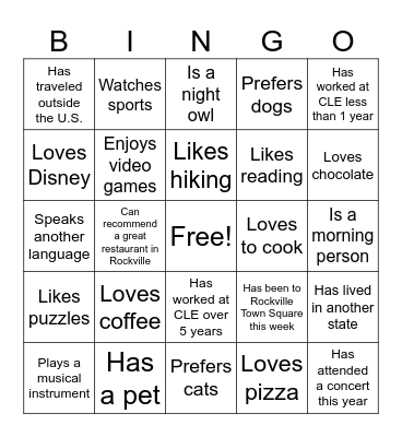 Get to know us! Bingo Card