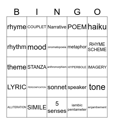 Poetry Bingo Card