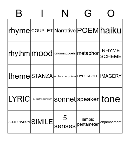 Poetry Bingo Card