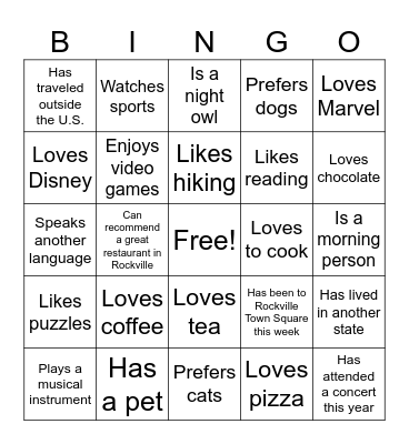 Get to know us! Bingo Card