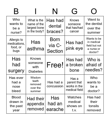 Medical Background BINGO Card