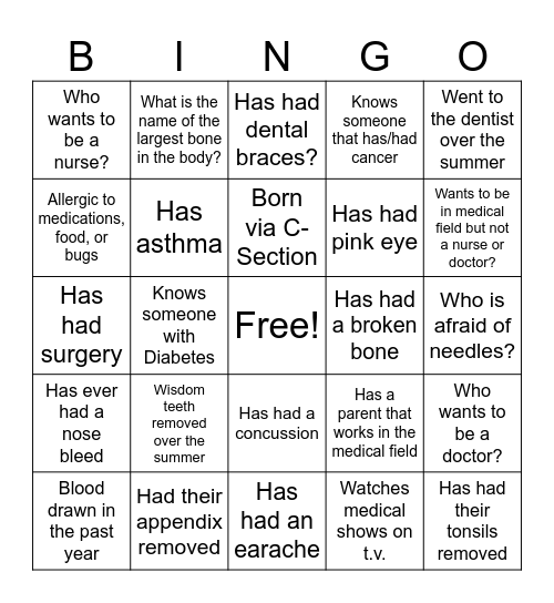 Medical Background BINGO Card