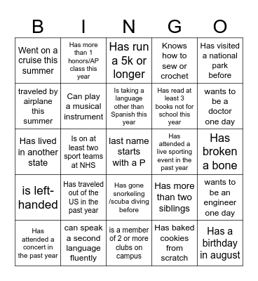Classmate Bingo Card