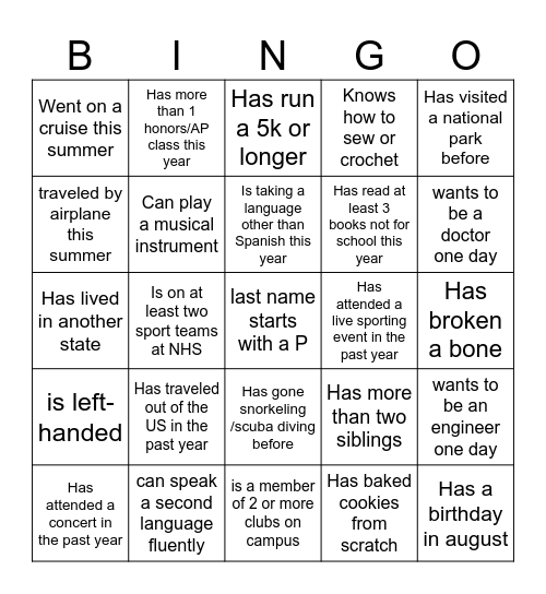 Classmate Bingo Card