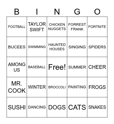 I LIKE...... Bingo Card