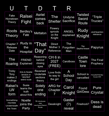 Deltarune Chapter 6 + 7 (and 7B) Bingo Card