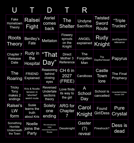 Deltarune Chapter 6 + 7 (and 7B) Bingo Card