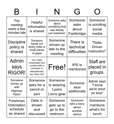 Back to School Bingo Card
