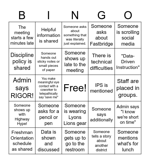 Back to School Bingo Card