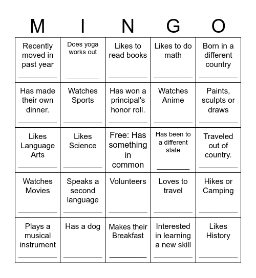 Mingle Bingo Card
