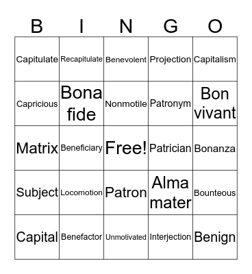 Latin Vocab Bingo Card