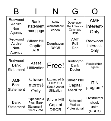 Expanded Products Bingo Card