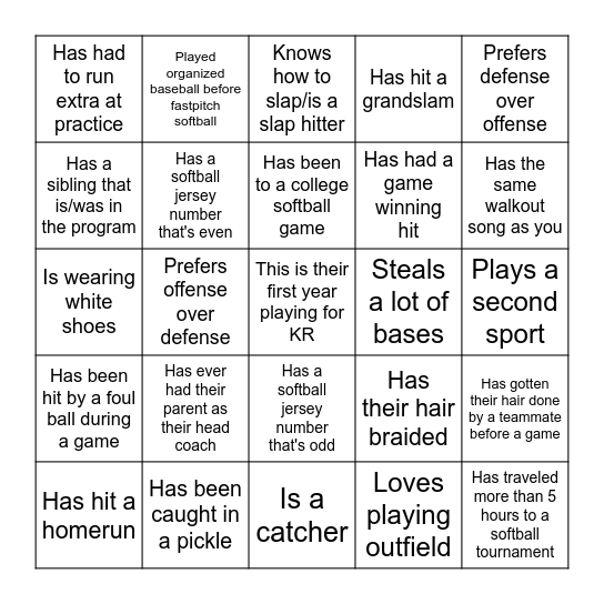 Softball - Find Someone Who Bingo Card