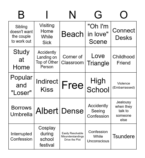 Romance Bingo Card