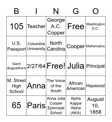 A.J.C BINGO Card