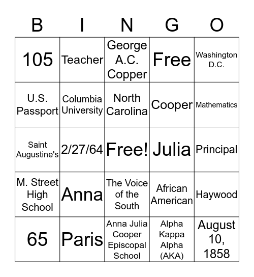 A.J.C BINGO Card