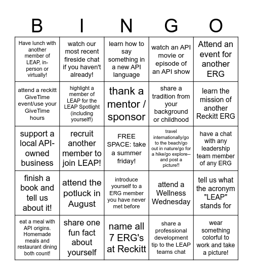Reckitt LEAP Bingo Card