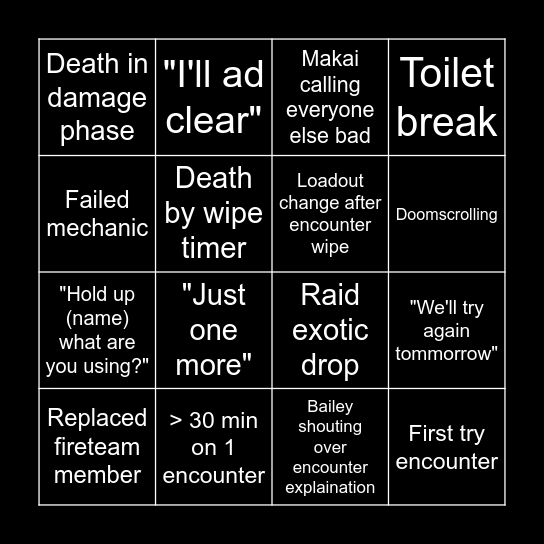 Raiding!!! Bingo Card