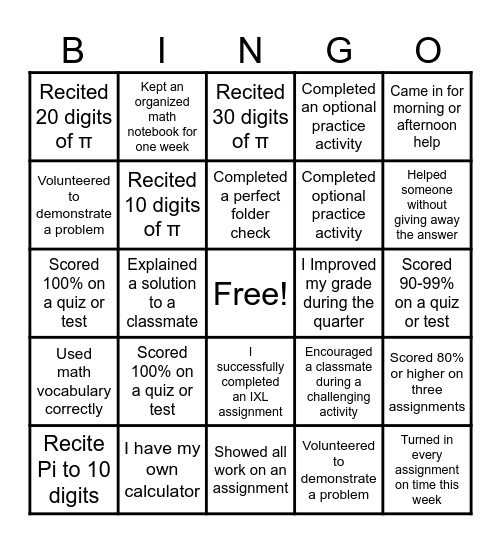 Math Bingo! Bingo Card