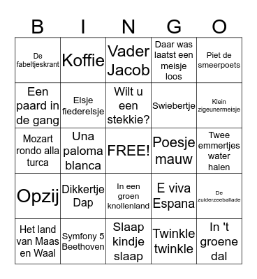 Liedjesbingo Card
