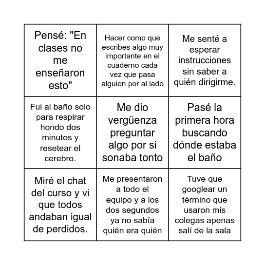 Bingo de la práctica Bingo Card