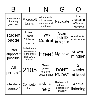 Student Staff Bingo Card