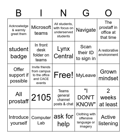Student Staff Bingo Card