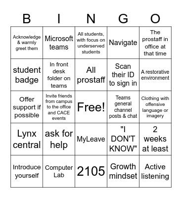 Student Staff Bingo Card