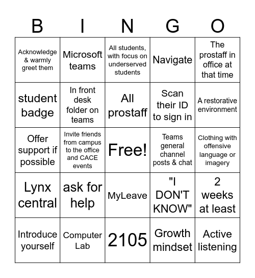 Student Staff Bingo Card