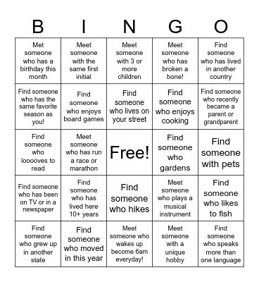 Neighborhood Bingo! Bingo Card