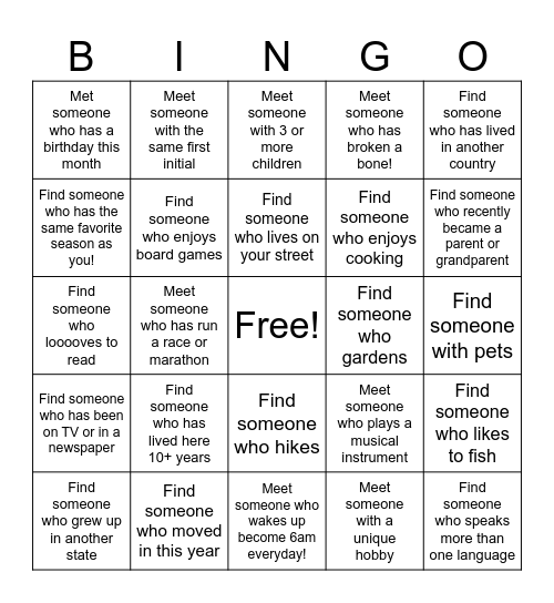 Neighborhood Bingo! Bingo Card