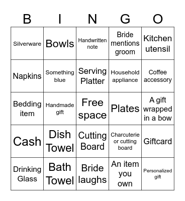 Bridal Gift Bingo Card