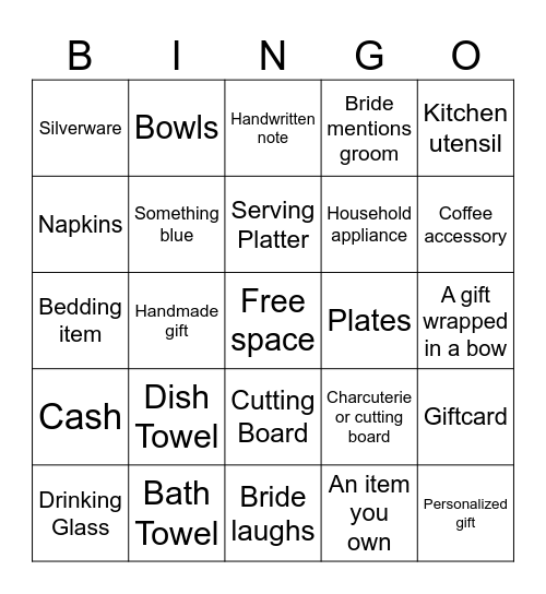 Bridal Gift Bingo Card