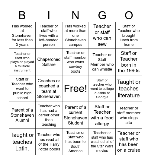 Teacher and Staff Bingo Card