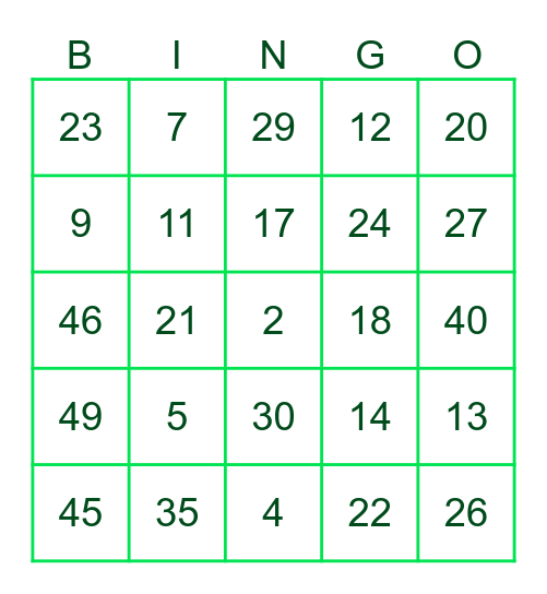 Number Bingo! Bingo Card