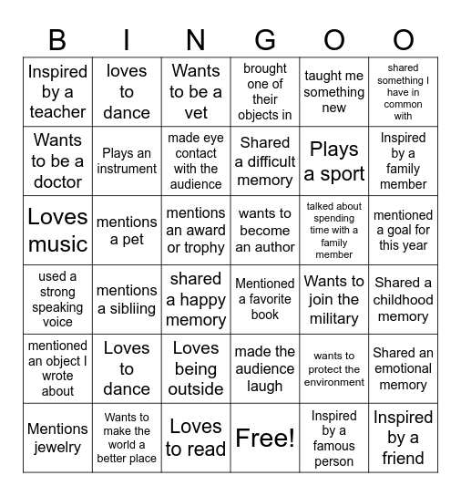 Speech Bingo Card