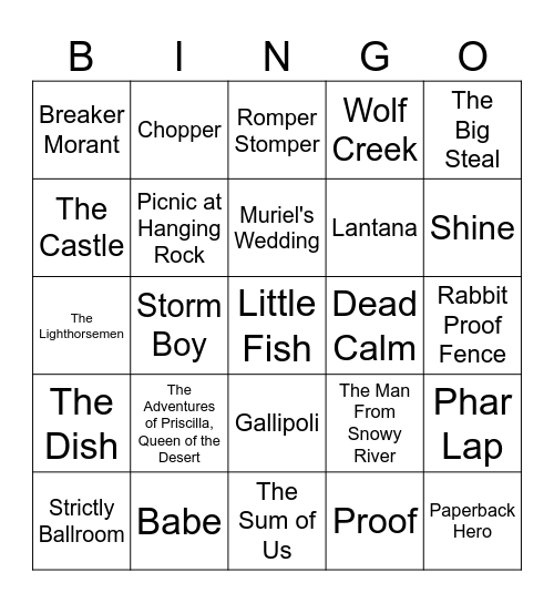 Australian Movies Bingo Card