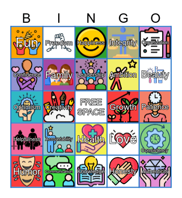 Personal Values Bingo Card