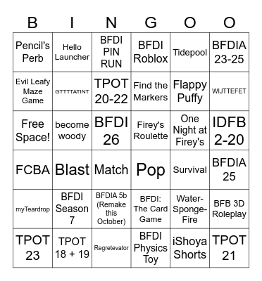 Every BFDI Game Bingo Card