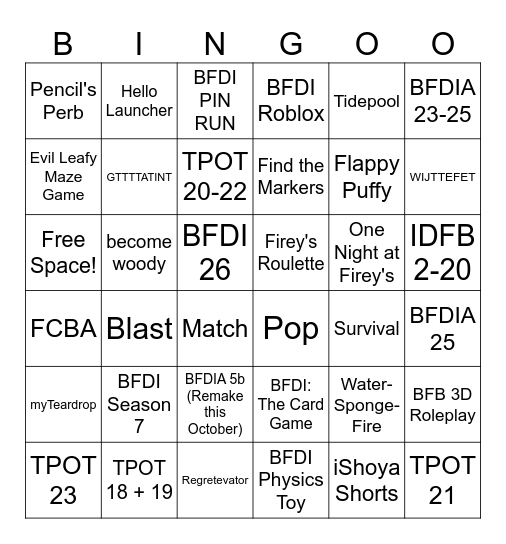 Every BFDI Game Bingo Card
