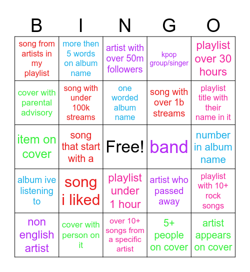 spotify Bingo Card