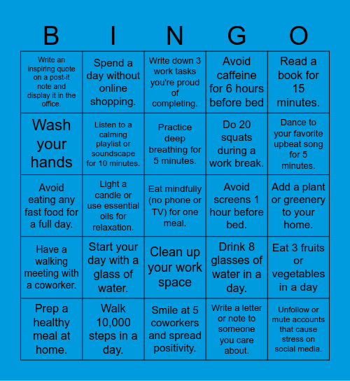 Healthy Habits BINGO- PTI Bingo Card