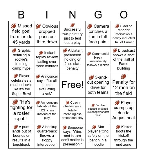 NFL HOF GAME Bingo Card
